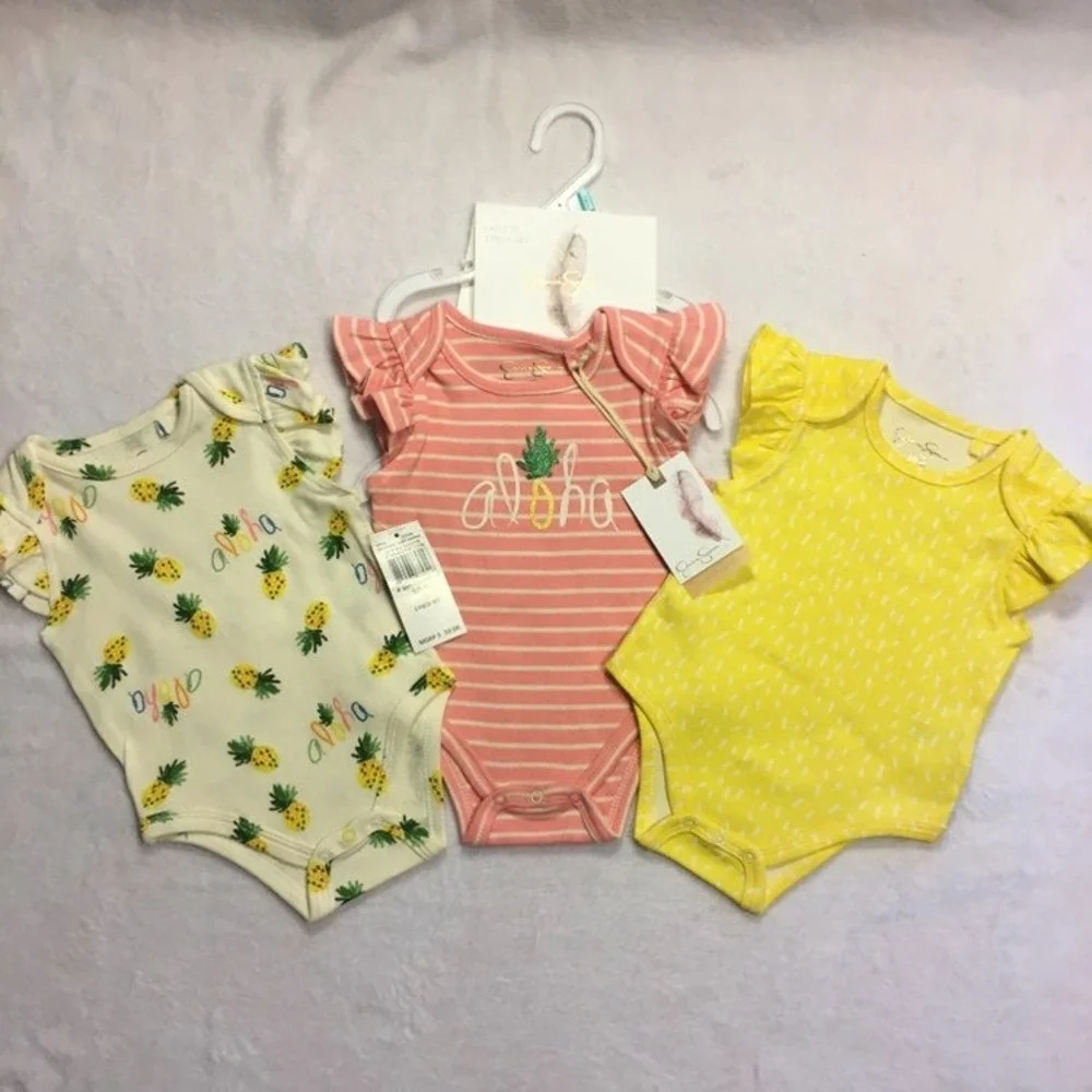 Jessica Simpson Bodysuit Set Kids 3/6M Pink Yellow White NEW Pineapple Aloha 3pc